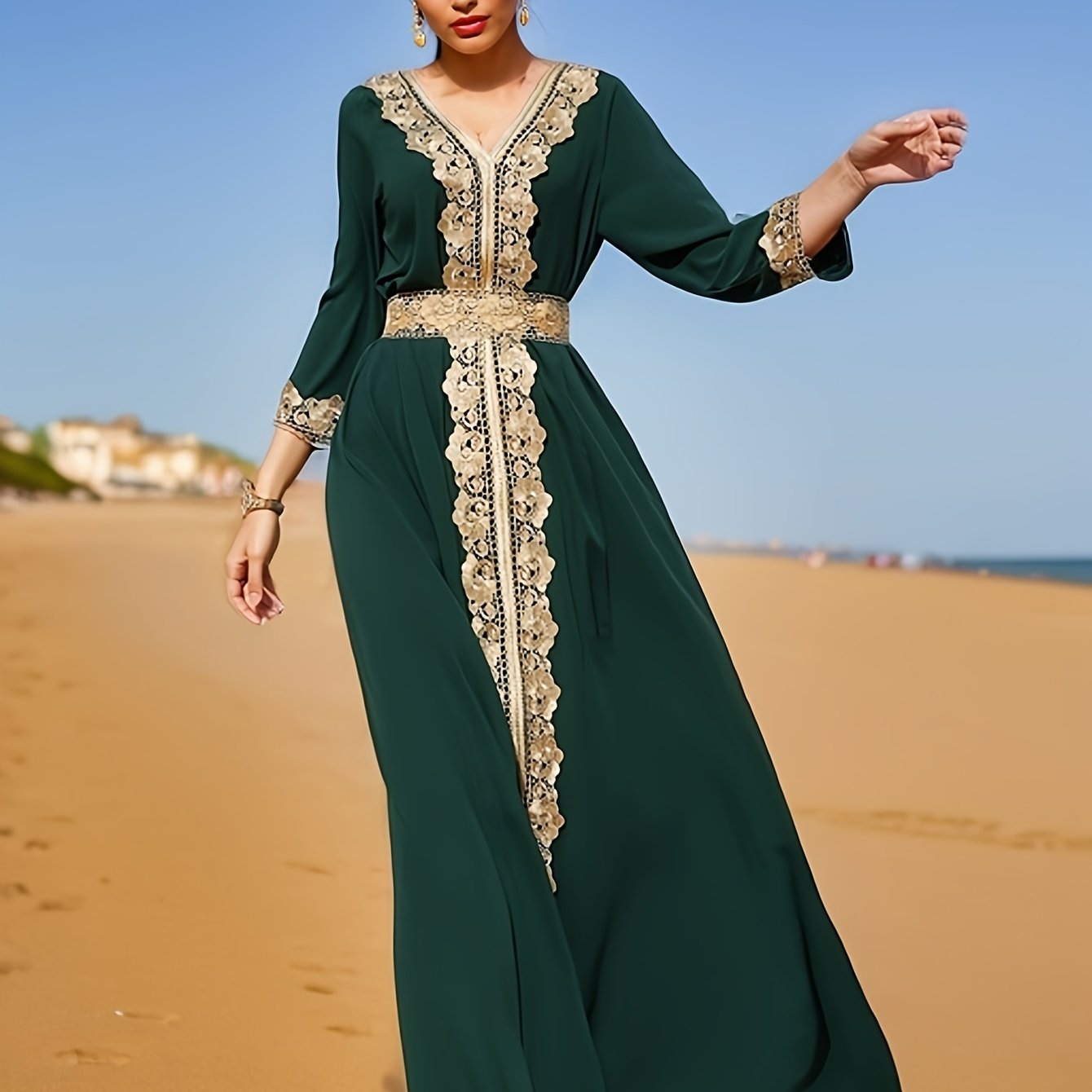 Robe caftan avec ceinture Brodée Doré