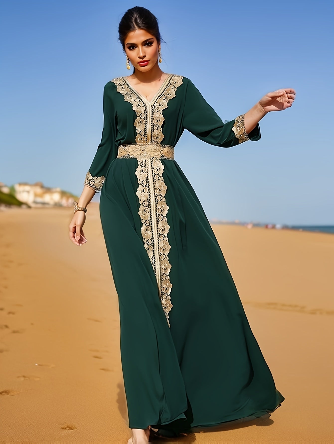 Robe caftan avec ceinture Brodée Doré