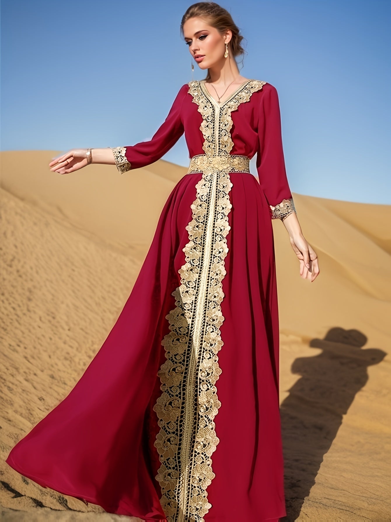 Robe caftan avec ceinture Brodée Doré