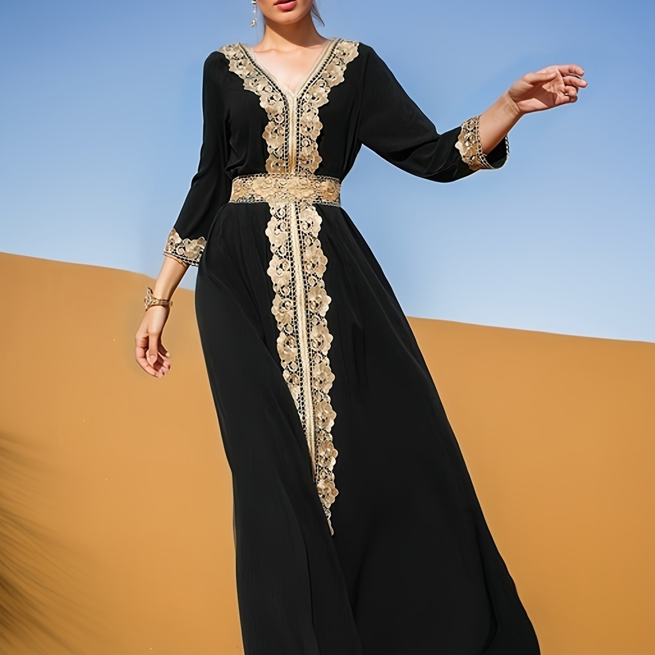 Robe caftan avec ceinture Brodée Doré