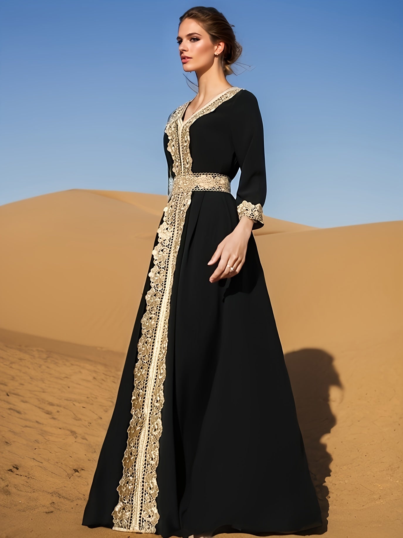 Robe caftan avec ceinture Brodée Doré