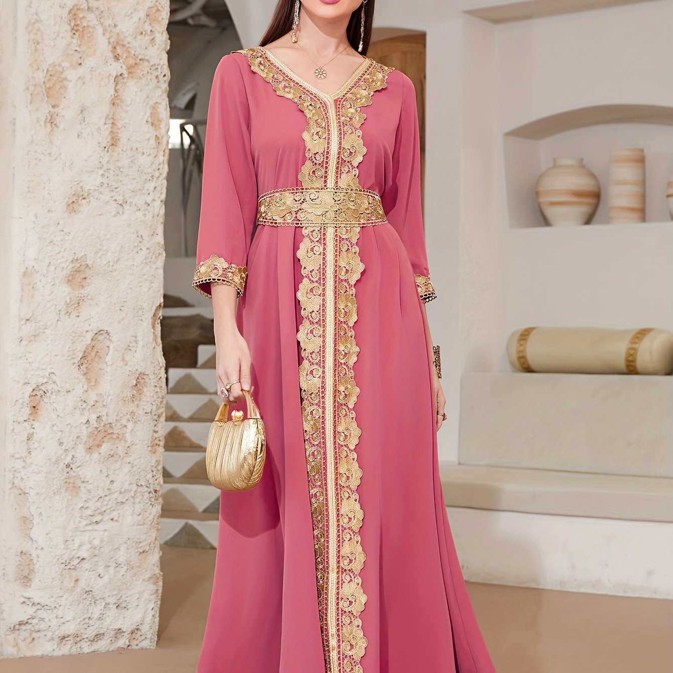 Robe caftan avec ceinture Brodée Doré